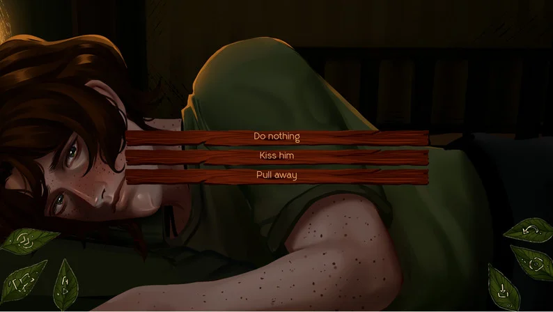 A choice screen in The False Sun offering do nothing, kiss him, or pull away