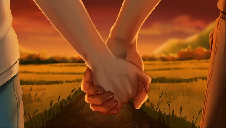 Two characters holding hands at sunset in The False Sun